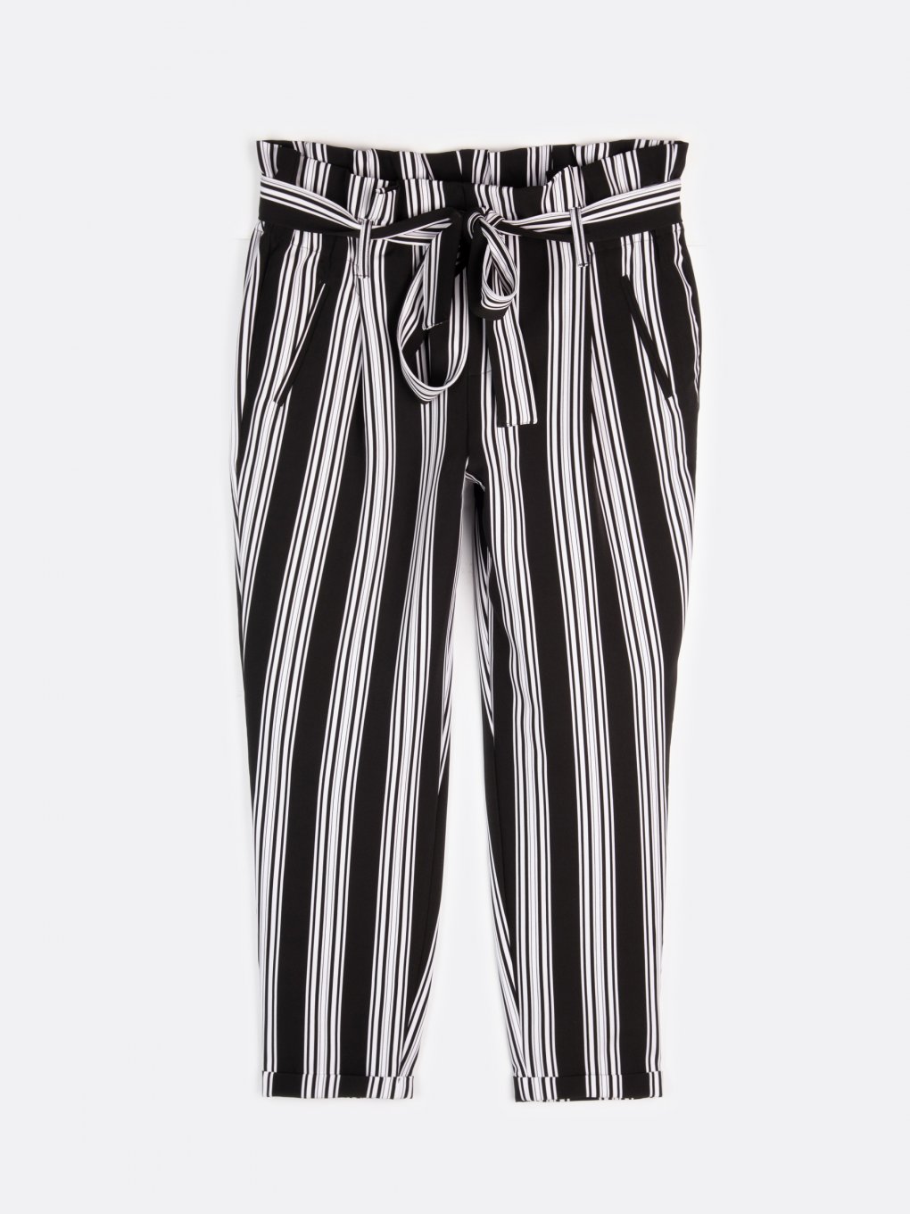 Plus size striped paperbag pants with belt