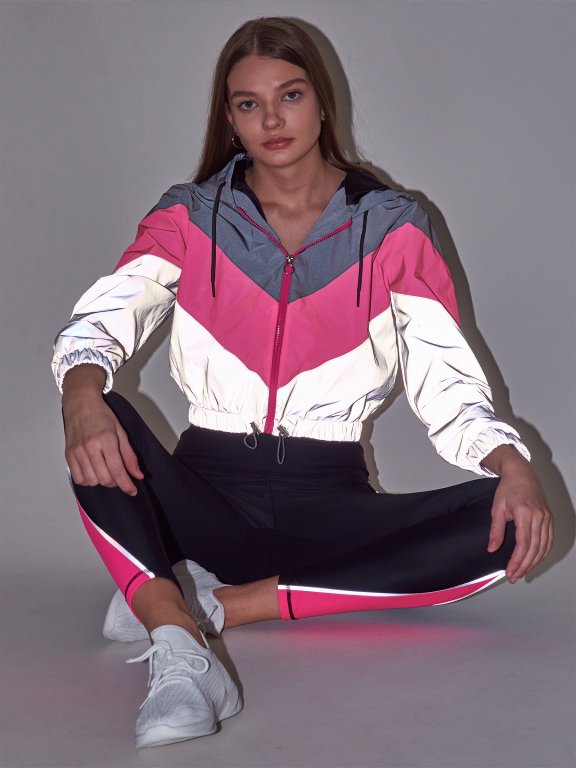 Sportovní vícebarevná colour block reflexní přechodná bunda s kapucí