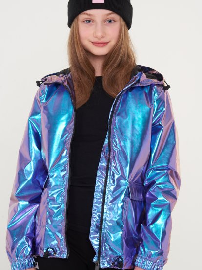 Water-resistant holographic light jacket with hood