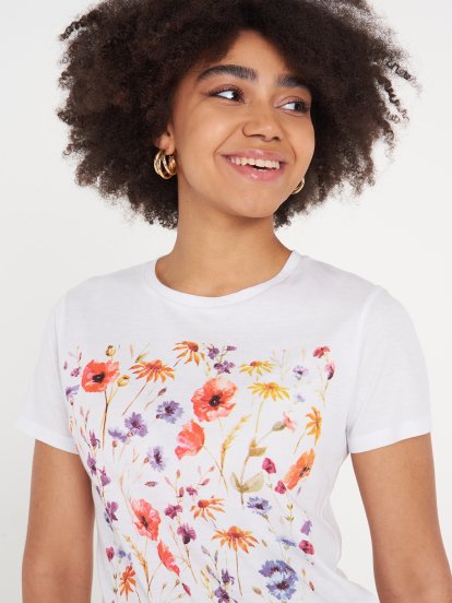Tričko z bavlnenej zmesi s kvetinovou potlačou