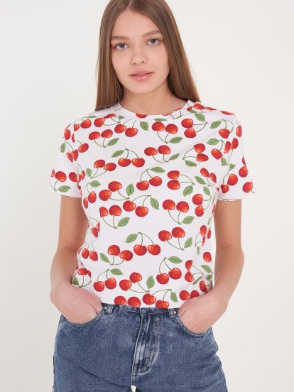 Bavlněné tričko s potiskem třešně dámské