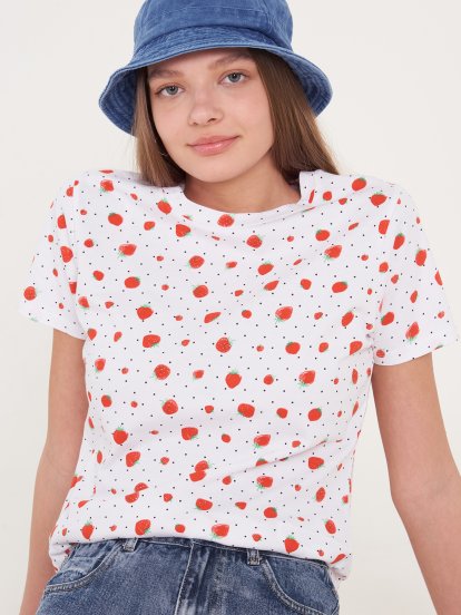 Bavlnené tričko s potlačou jahody dámske