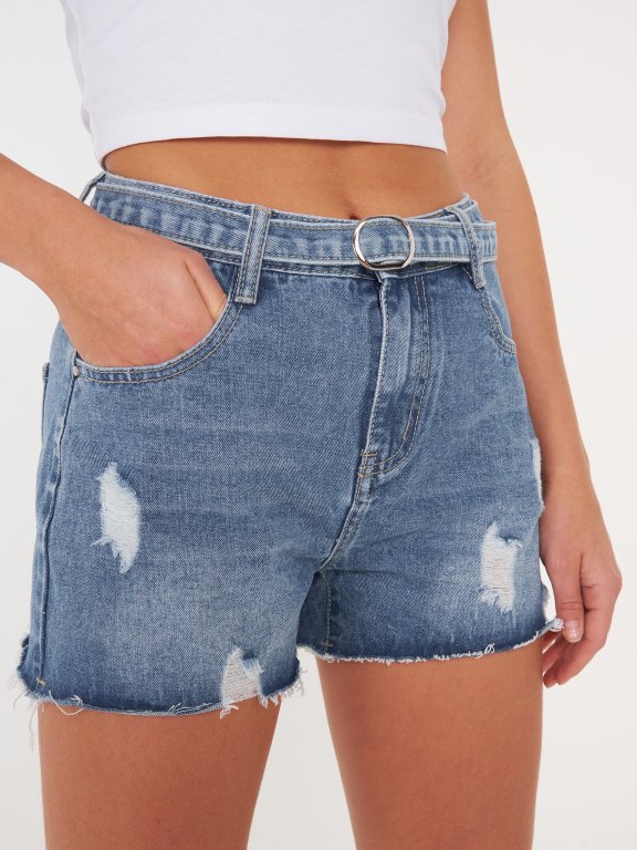 Distressed cotton denim shorts with belt
