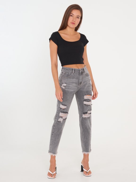 Distressed high waist mom fit jeans