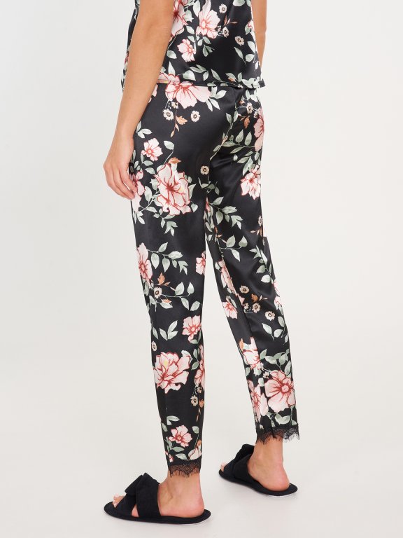 Satynowe damskie spodnie od piżamy w kwiaty