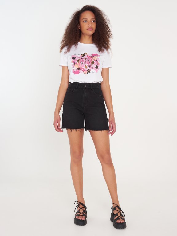 T-shirt damski z domieszką bawełny z kwiatowym nadrukiem