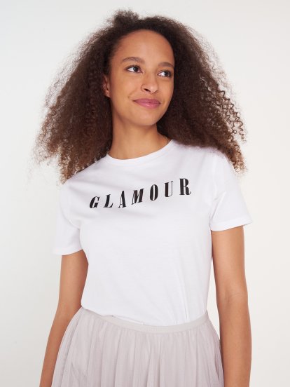 T-shirt z mieszanki bawełny z napisem damski
