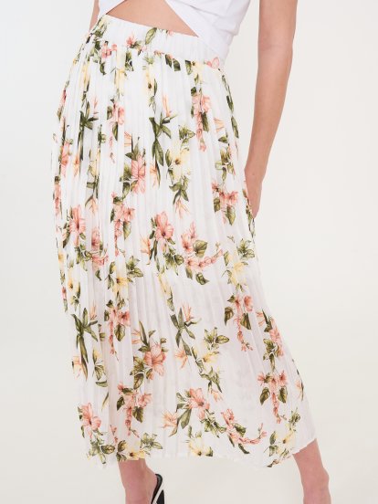 Plisovaná midi sukně s květinovým potiskem