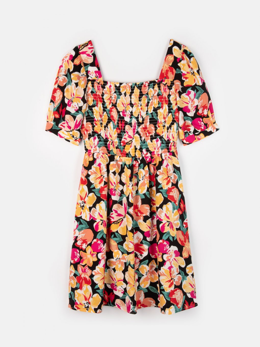 Kvetované viskózové šaty s riaseným topom