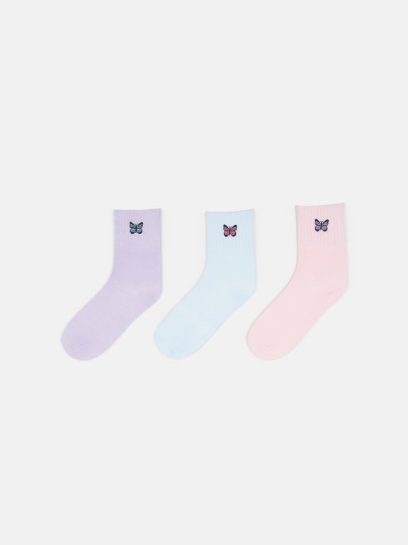 3 pack crew socks with butterfly embro