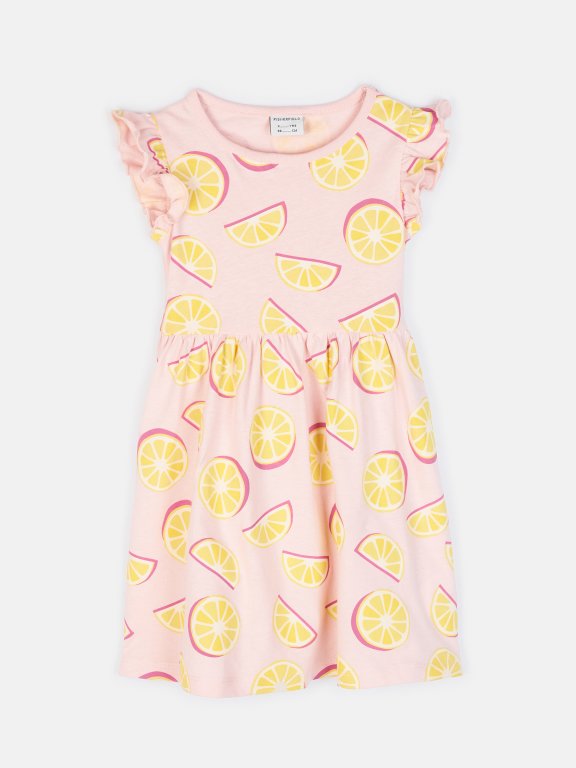 Lemon print cotton dress with ruffles