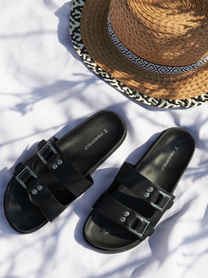 Faux-leather slides with double bucke