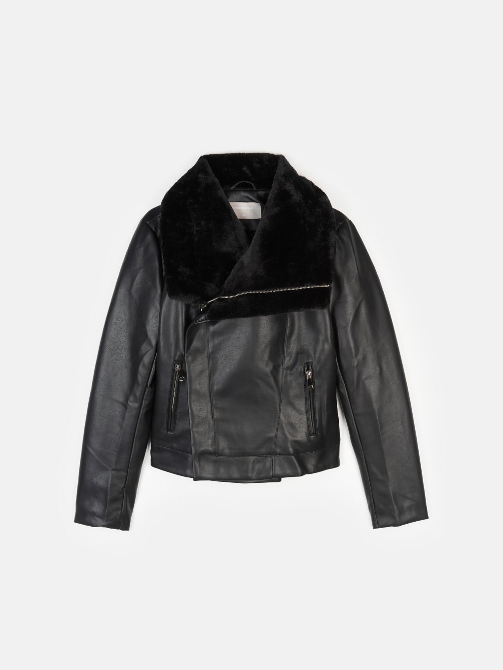 Faux leather padded light jacket with faux fur collar