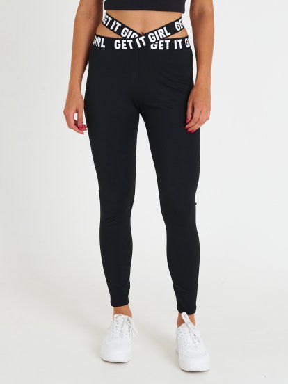 Sport leggings with slogan print on waistband