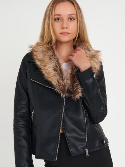 Faux leather light jacket with removable faux fur