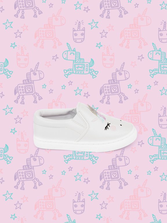 Shiny slip-on shoes with unicorn