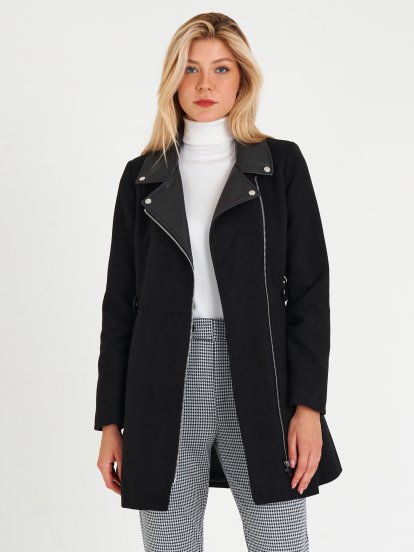 Coat with faux leather details