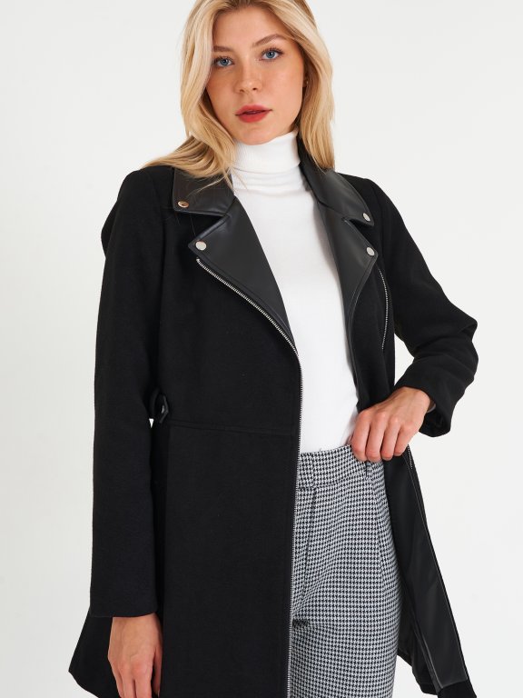 Coat with faux leather details