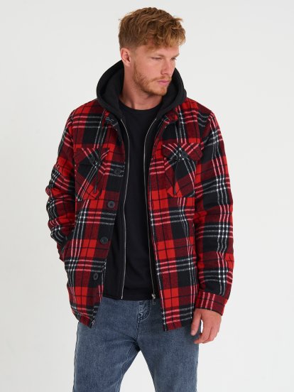 Károvaná košeľová bunda s kapucňou