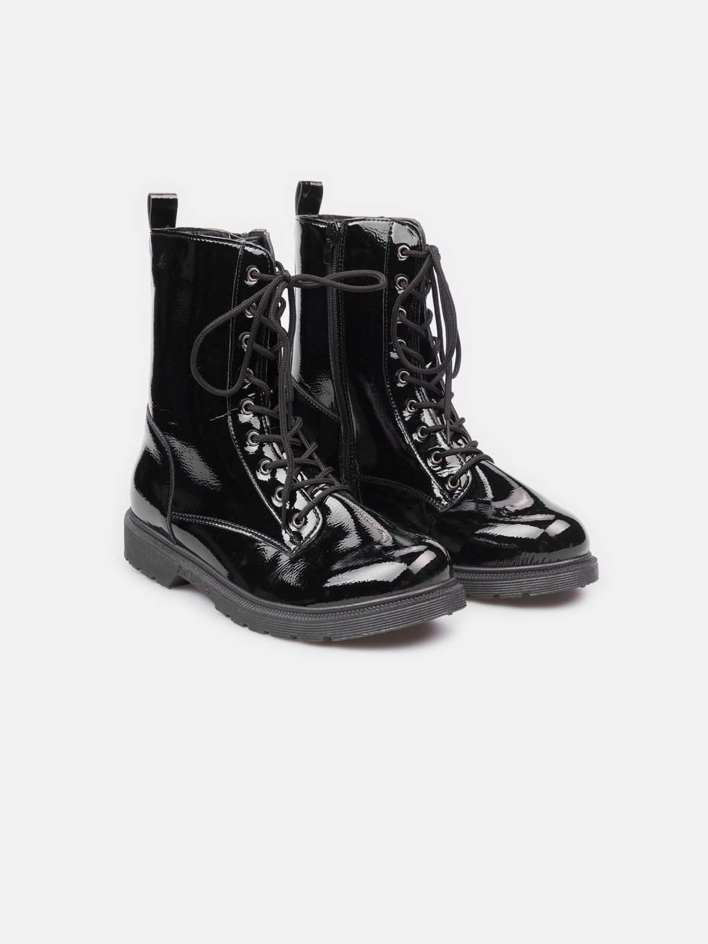 Patent faux leather lace-up boots