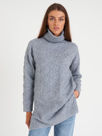 Cable knit longline roll neck pullover