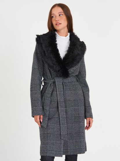 Károvaný kabát s odnímateľnou umelou kožušinou dámsky