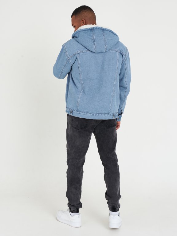 Pile lined denim jacket with hood