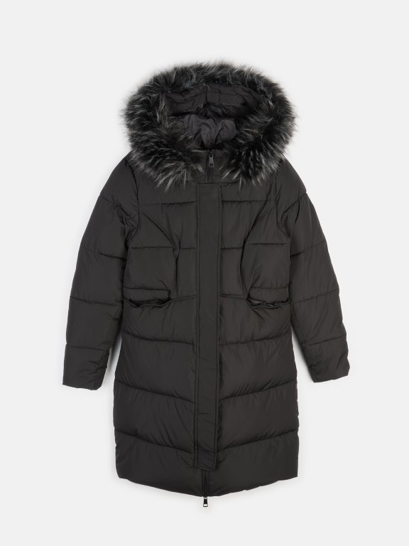 Longline quilted padded jacket with faux furt