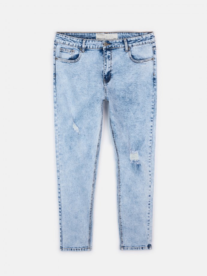 Distressed straight slim fit jeans