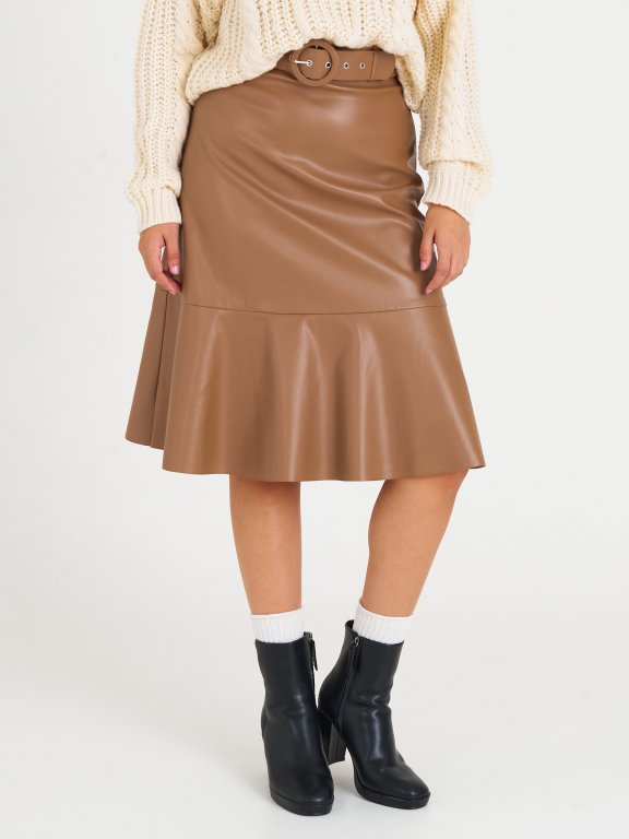 Faux leather midi skirt with belt