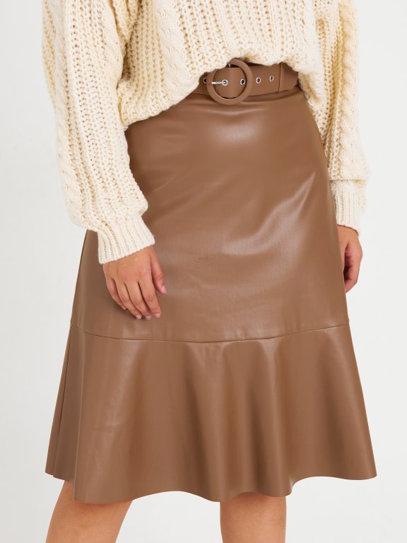 Koženková dámská midi sukně s páskem