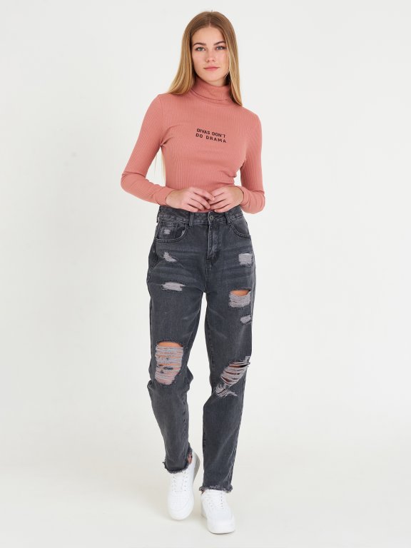 Ribbed roll neck top with slogan