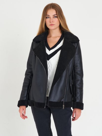 Faux fur lined oversized aviator jacket