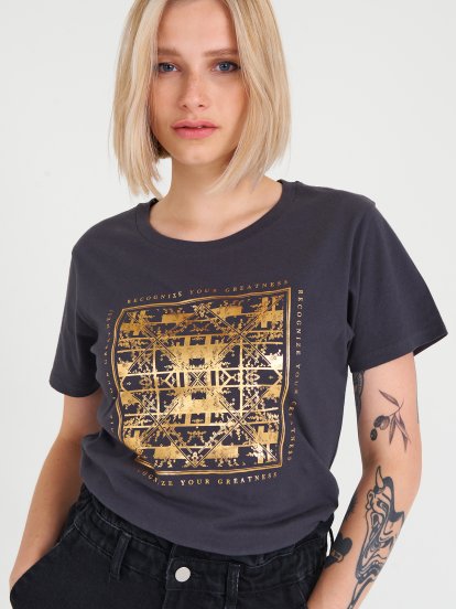 Bavlněné dámské tričko se zlatým potiskem