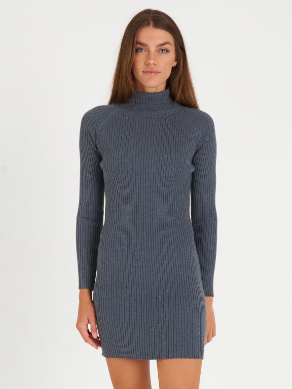 Grey Roll Neck Rib Knitted Jumper Dress
