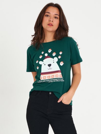 Bavlnené tričko s krátkym rukávom, okrúhlym výstrihom a vianočným motívom dámske