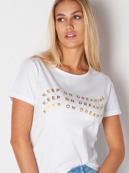 Cotton t-shirt with gold slogan