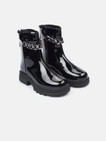 Patent finish ankle boots with chain