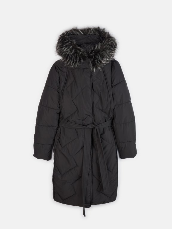 Długa pikowana kurtka zimowa damska z paskiem