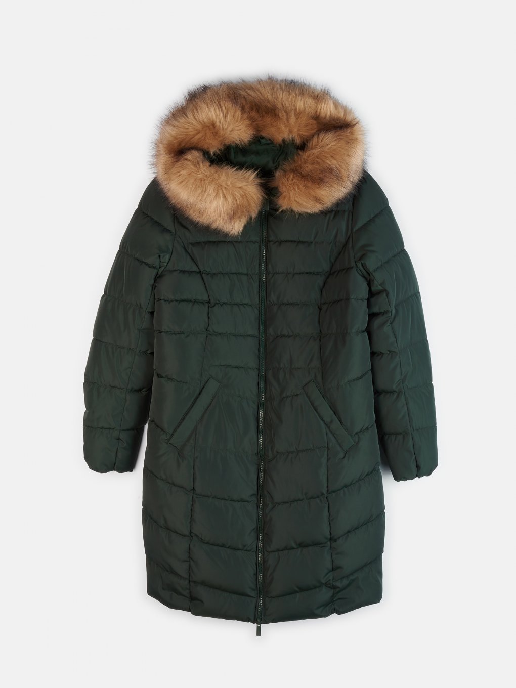 Quilted longline winter jacket with faux fur