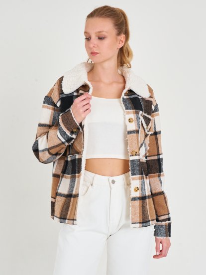 Plaid faux shepra lined jacket
