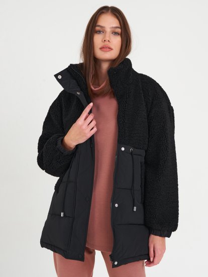 Kombinovaný dámský kabát z umělé kožešiny