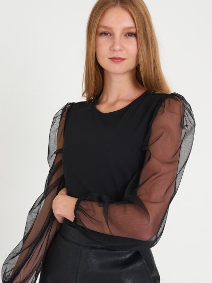 Blouse with mesh sleeves