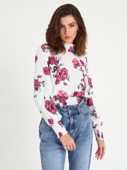 Floral print high collar blouse top