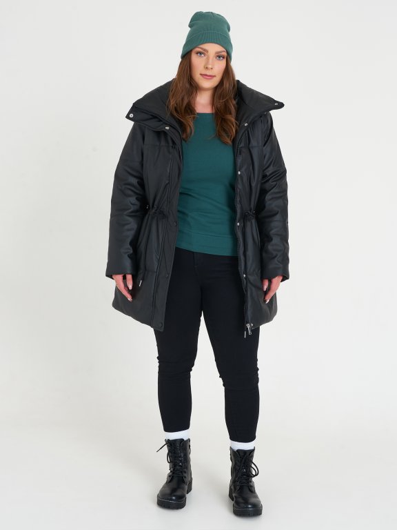 Plus size faux leather padded winter parka