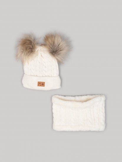 Cable-knit cap and neck warmer