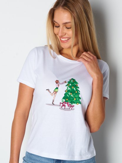 Bawełniana koszulka damska z krótkim rękawem, okrągłym dekoltem i motywem świątecznym