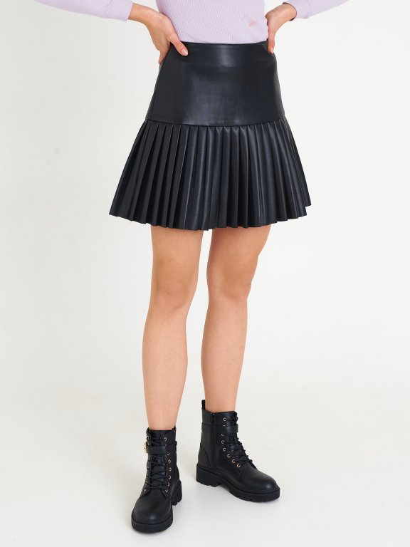 Pleated faux leather mini skirt