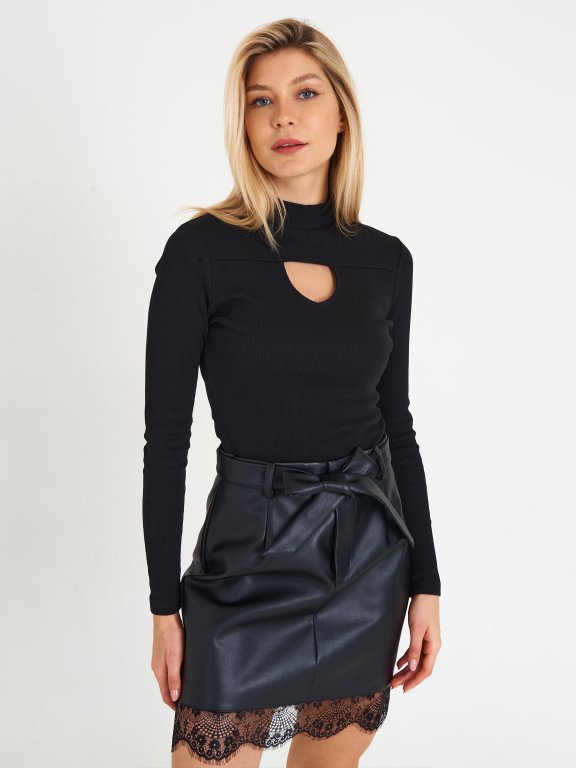 Faux leather skirt with lace