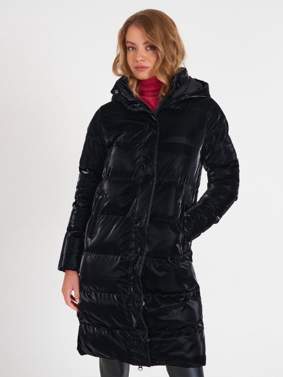 Longline quilted padded jacket with shiny effect